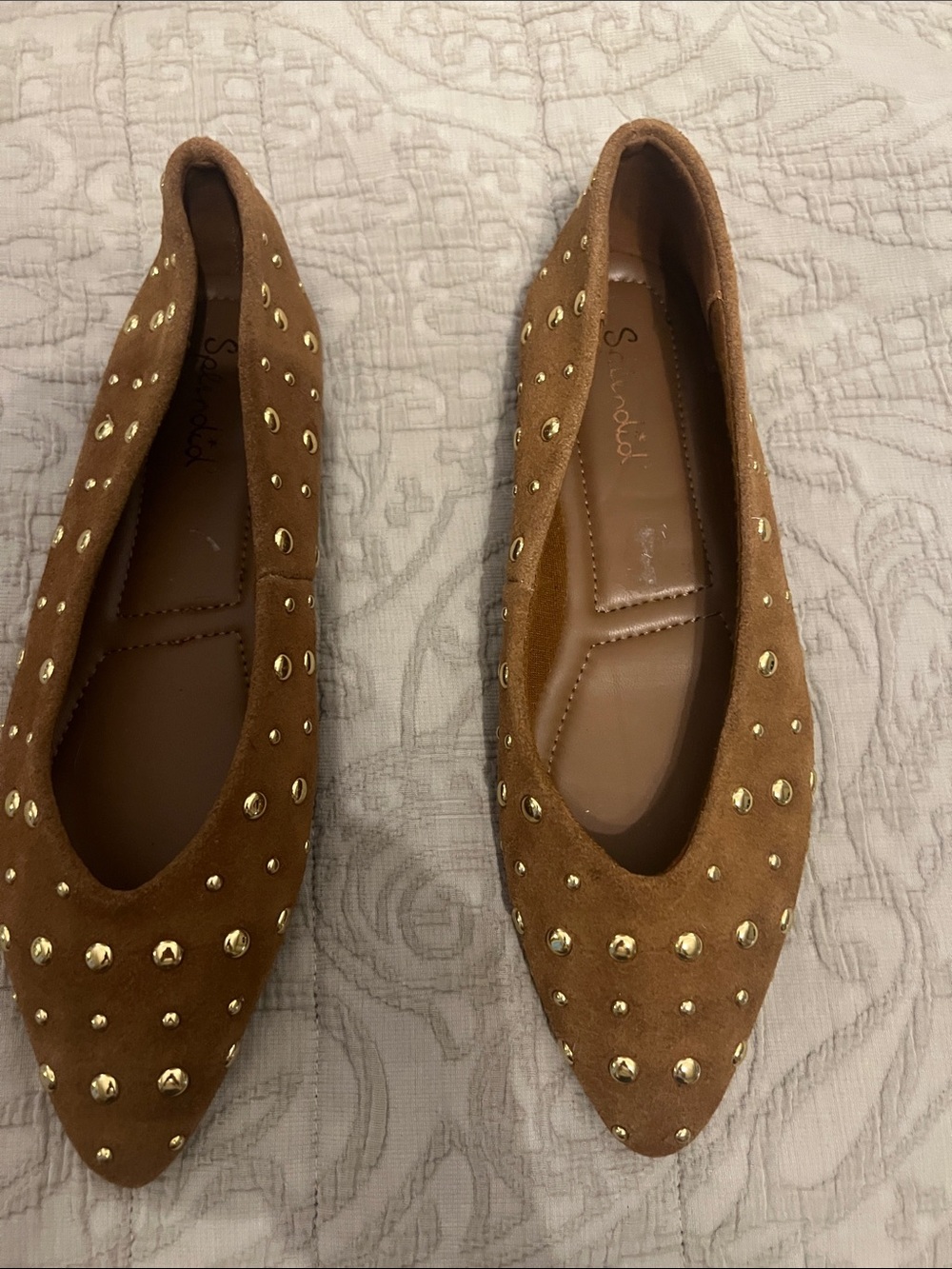 Splendid Tan Suede Pointed-Toe Flats with Gold Studs
